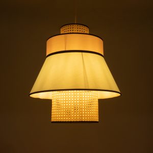 SAIGE 01920 Boho Κρεμαστό Φωτιστικό Πλέγμα Μονόφωτο 1 x E27 IP20 Μπεζ Ξύλο με Πολύχρωμο Ύφασμα – Μ50 x Π50 x Υ54cm