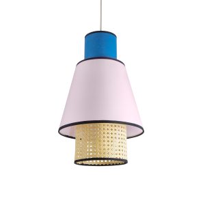 SAIGE 01921 Boho Κρεμαστό Φωτιστικό Πλέγμα Μονόφωτο 1 x E27 IP20 Μπεζ Ξύλο με Μπλε & Ροζ Ύφασμα – Μ30 x Π30 x Υ48cm