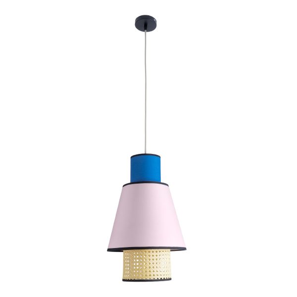 SAIGE 01921 Boho Κρεμαστό Φωτιστικό Πλέγμα Μονόφωτο 1 x E27 IP20 Μπεζ Ξύλο με Μπλε & Ροζ Ύφασμα - Μ30 x Π30 x Υ48cm - Image 3