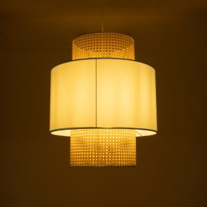SAIGE 02045 Boho Κρεμαστό Φωτιστικό Πλέγμα Μονόφωτο 1 x E27 IP20 Μπεζ Ξύλο με Γαλάζιο Ύφασμα – Μ50 x Π50 x Υ60cm