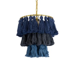 MISSOULA 02085 Boho Κρεμαστό Φωτιστικό Σχοινί Μονόφωτο 1 x E27 IP20 Μπλε & Μαύρο Ύφασμα με Χρυσό Μέταλλο – Μ30 x Π30 x Υ40cm