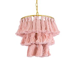 MISSOULA 02086 Boho Κρεμαστό Φωτιστικό Σχοινί Μονόφωτο 1 x E27 IP20 Ροζ Ύφασμα με Χρυσό Μέταλλο – Μ30 x Π30 x Υ40cm