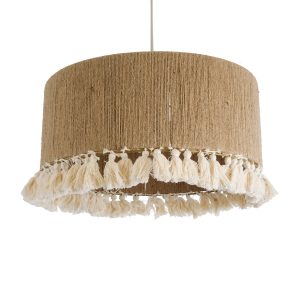 PUERTORICO 02094 Boho Κρεμαστό Φωτιστικό Καπέλο Μονόφωτο 1 x E27 IP20 Μπεζ & Λευκό Σχοινί – Μ50 x Π50 x Υ27cm