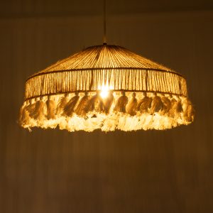 PUERTORICO 02098 Boho Κρεμαστό Φωτιστικό Καμπάνα Μονόφωτο 1 x E27 IP20 Μπεζ & Λευκό Σχοινί – Μ50 x Π50 x Υ25cm