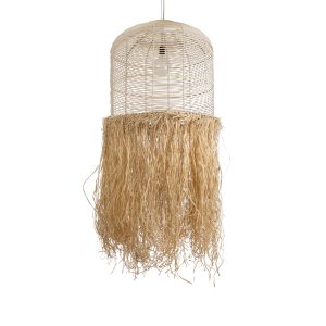 BASSETERRE 02163 Boho Κρεμαστό Φωτιστικό Πλέγμα Μονόφωτο 1 x E27 IP20 Μπεζ Ξύλο με Καφέ Ράφια – Μ70 x Π70 x Υ170cm