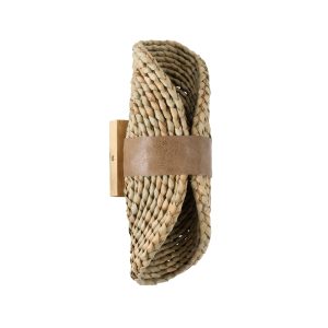 GUAVA 02222 Boho Επιτοίχιο Φωτιστικό Απλίκα Δίφωτο 2 x G9 IP20 Μπεζ Ξύλο με Καφέ Δέρμα – Μ11 x Π13 x Υ30cm