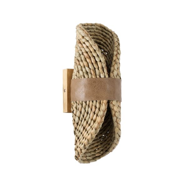 GUAVA 02222 Boho Επιτοίχιο Φωτιστικό Απλίκα Δίφωτο 2 x G9 IP20 Μπεζ Ξύλο με Καφέ Δέρμα - Μ11 x Π13 x Υ30cm