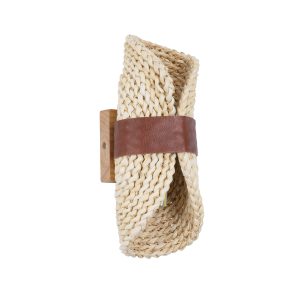 GUAVA 02385 Boho Επιτοίχιο Φωτιστικό Απλίκα Δίφωτο 2 x G9 IP20 Μπεζ Ξύλο με Καφέ Δέρμα – Μ11 x Π13 x Υ30cm