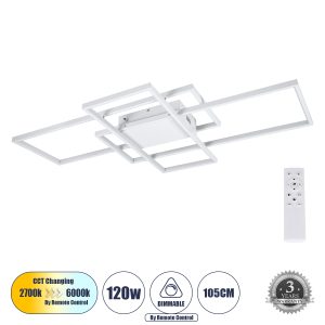 QUADRA 61389 Φωτιστικό Οροφής Design LED CCT 120W 14400lm 120° AC 220-240V – Εναλλαγή Φωτισμού μέσω Τηλεχειριστηρίου All In One Ψυχρό 6000k+Φυσικό 4500k+Θερμό 2700k Dimmable Μ105 x Π60 x Υ9cm – Λευκό – 3 Years Warranty