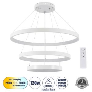 NEMESIS TRIO 61171 Κρεμαστό Φωτιστικό Δαχτυλίδι-Κύκλος LED CCT 120W 14723lm 360° AC 220-240V – Εναλλαγή Φωτισμού μέσω Τηλεχειριστηρίου All In One Ψυχρό 6000k+Φυσικό 4500k+Θερμό 2700k Dimmable Φ40+60+80cm – Λευκό – 3 Years Warranty