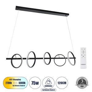 CIRCOLARE 61319 Κρεμαστό Φωτιστικό Οροφής Design LED CCT 75W 8400lm 360° AC 220-240V – Εναλλαγή Φωτισμού μέσω Τηλεχειριστηρίου All In One Ψυχρό 6000k+Φυσικό 4500k+Θερμό 2700k Dimmable Μ120 x Π25 x Υ25cm – Μαύρο – 3 Χρόνια Εγγύηση