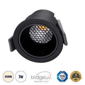 PLUTO-S 60250 Χωνευτό LED Spot Downlight TrimLess Φ6.4cm 7W 910lm 38° AC 220-240V IP20 Φ6.4 x Υ4.9cm – Στρόγγυλο – Μαύρο & Anti-Glare HoneyComb – Φυσικό Λευκό 4500K – Bridgelux COB – 5 Years Warranty