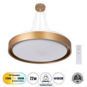 BARCHETTA 61399-P Κρεμαστή Πλαφονιέρα Οροφής LED CCT 72W 8306lm 120° AC 220-240V – Εναλλαγή Φωτισμού μέσω Τηλεχειριστηρίου All In One Ψυχρό 6000k+Φυσικό 4500k+Θερμό 2700k Dimmable Φ48cm – Χρυσό – 3 Years Warranty