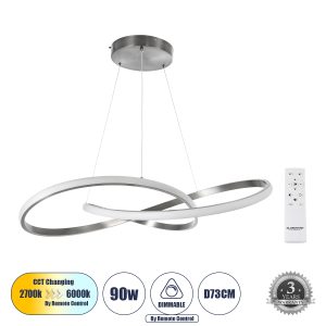 DEXTER 60915 Κρεμαστό Φωτιστικό Οροφής Design LED CCT 90W 10080lm 300° AC 220-240V – Εναλλαγή Φωτισμού μέσω Τηλεχειριστηρίου All In One Ψυχρό 6000k+Φυσικό 4500k+Θερμό 2700k Dimmable Φ73cm – Νίκελ Ασημί Βούρτσας – 3 Years Warranty