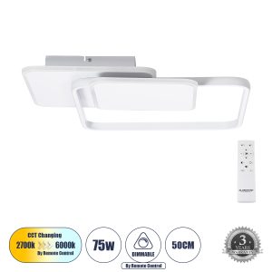 SQUARO 61232 Φωτιστικό Οροφής Δαχτυλίδι-Κύκλος LED CCT 75W 8400lm 360° AC 220-240V – Εναλλαγή Φωτισμού μέσω Τηλεχειριστηρίου All In One Ψυχρό 6000k+Φυσικό 4500k+Θερμό 2700k Dimmable Μ48.5 x Π51 x Υ9cm – Λευκό – 3 Years Warranty
