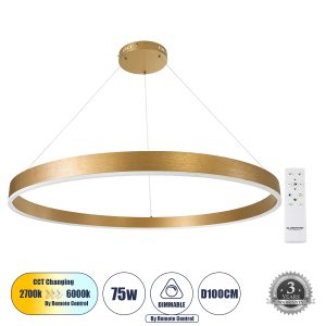 VENOM 61184 Κρεμαστό Φωτιστικό Δαχτυλίδι-Κύκλος LED CCT 75W 8818lm 120° AC 220-240V – Εναλλαγή Φωτισμού μέσω Τηλεχειριστηρίου All In One Ψυχρό 6000K+Φυσικό 4500K+Θερμό 2700K Dimmable Φ100cm – Χρυσό Βούρτσας – 3 Years Warranty