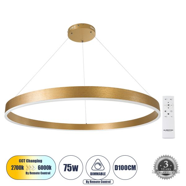 VENOM 61184 Κρεμαστό Φωτιστικό Δαχτυλίδι-Κύκλος LED CCT 75W 8818lm 120° AC 220-240V - Εναλλαγή Φωτισμού μέσω Τηλεχειριστηρίου All In One Ψυχρό 6000K+Φυσικό 4500K+Θερμό 2700K Dimmable Φ100cm - Χρυσό Βούρτσας - 3 Years Warranty