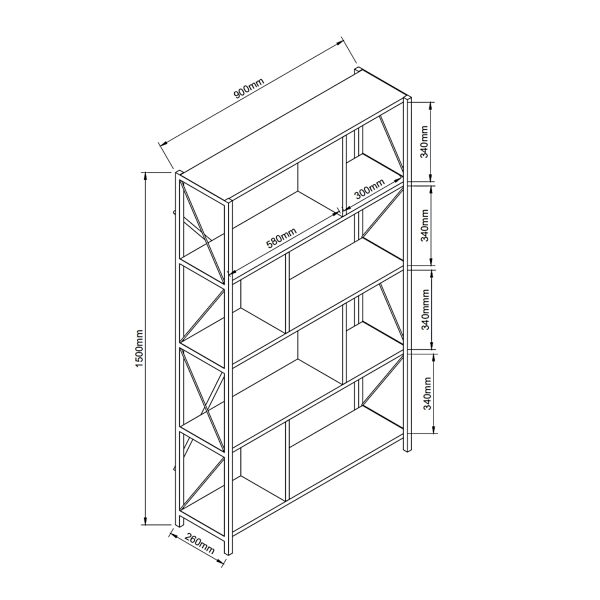 Βιβλιοθήκη  JUMA Μαύρο Μοριοσανίδα/Μέταλλο 90x26x150cm - Image 4