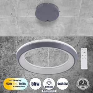 MELINA 61045 Κρεμαστή Πλαφονιέρα Οροφής Κύκλος LED CCT 55W 6376lm 120° AC 220-240V – Εναλλαγή Φωτισμού μέσω Τηλεχειριστηρίου All In One Ψυχρό Λευκό 6000k+Φυσικό Λευκό 4500k+Θερμό Λευκό 2700k Dimmable Φ48cm – Ανθρακί – 3 Years Warranty