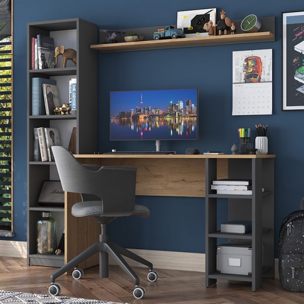 Γραφείο με βιβλιοθήκη Goldie  ανθρακί-φυσικό 160x45x161.8εκ - Image 2
