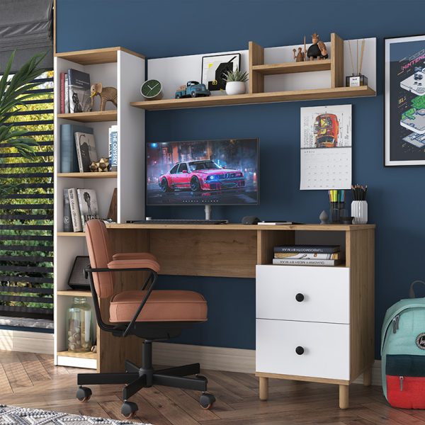Γραφείο με βιβλιοθήκη Goldie  λευκό-φυσικό 160x50x161.8εκ - Image 2