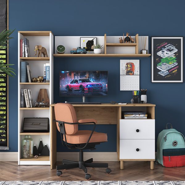 Γραφείο με βιβλιοθήκη Goldie  λευκό-φυσικό 160x50x161.8εκ - Image 4