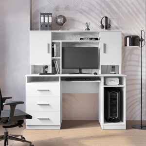 Γραφείο εργασίας Keldra  με συρτάρια και ντουλάπια σε λευκή απόχρωση 140×59.8×142.2εκ