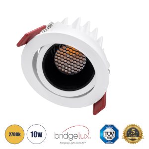 LEO-R 60283 Χωνευτό LED Spot Downlight TrimLess Φ8.5cm 10W 1250lm 38° AC 220-240V IP20 Φ8.5 x Υ6.6cm – Στρόγγυλο – Κινούμενο – Λευκό με Μαύρο Κάτοπτρο & Anti-Glare HoneyComb – Θερμό Λευκό 2700K – Bridgelux COB – 5 Years Warranty