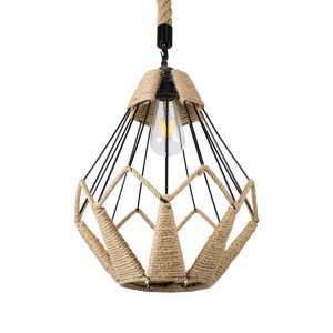 CONICAL 01617 Vintage Κρεμαστό Φωτιστικό Πλέγμα Μονόφωτο 1 x E27 IP20 Μαύρο Μέταλλο με Μπεζ Σχοινί – Μ30 x Π30 x Υ40cm