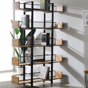Βιβλιοθήκη Musha  μέταλλο μαύρο με oak απόχρωση 120x22x185εκ