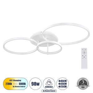NEMESIS 61109 Φωτιστικό Οροφής Δαχτυλίδι-Κύκλος LED CCT 98W 11858lm 360° AC 220-240V – Εναλλαγή Φωτισμού μέσω Τηλεχειριστηρίου All In One Ψυχρό 6000k+Φυσικό 4500k+Θερμό 2700k Dimmable Φ25+35+45cm+BackLight – Λευκό – 3 Years Warranty