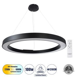 RA 61198 Κρεμαστό Φωτιστικό Δαχτυλίδι-Κύκλος LED CCT 100W 11020lm 120° AC 220-240V – Εναλλαγή Φωτισμού μέσω Τηλεχειριστηρίου All In One Ψυχρό 6000k+Φυσικό 4500k+Θερμό 2700k Dimmable Φ120cm – Μαύρο – 3 Years Warranty
