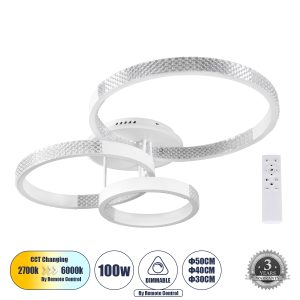 DIAMOND 61115 Φωτιστικό Οροφής Δαχτυλίδι-Κύκλος LED CCT 100W 12123lm 360° AC 220-240V – Εναλλαγή Φωτισμού μέσω Τηλεχειριστηρίου All In One Ψυχρό 6000k+Φυσικό 4500k+Θερμό 2700k Dimmable Φ30+40+50cm+BackLight – Λευκό – 3 Years Warranty