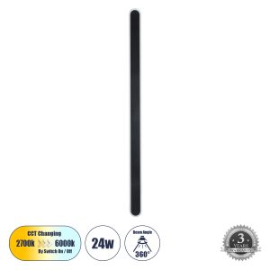 HOUSTON 61349 Φωτιστικό Τοίχου – Απλίκα Design LED CCT 24W 2880lm 360° AC 220-240V – Εναλλαγή Φωτισμού μέσω Διακόπτη On/Off All In One Ψυχρό 6000k+Φυσικό 4500k+Θερμό 2700k Μ6 x Π3 x Υ100cm – Μαύρο – 3 Years Warranty
