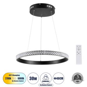 DIAMOND 61128 Κρεμαστό Φωτιστικό Δαχτυλίδι-Κύκλος LED CCT 30W 3513lm 360° AC 220-240V – Εναλλαγή Φωτισμού μέσω Τηλεχειριστηρίου All In One Ψυχρό 6000k+Φυσικό 4500k+Θερμό 2700k Dimmable Φ40cm – Μαύρο – 3 Years Warranty