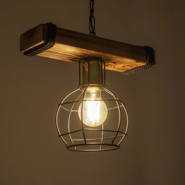STARLO 201-0004 Vintage Κρεμαστό Φωτιστικό Ράγα Μονόφωτο 1 x E27 IP20 Μπεζ Ξύλο με Μαύρο Μέταλλο - Μ30 x Π16 x Υ23cm - Image 2