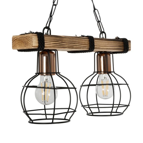 STARLO 201-0005 Vintage Κρεμαστό Φωτιστικό Ράγα Δίφωτο 2 x E27 IP20 Μπεζ Ξύλο με Μαύρο Μέταλλο - Μ40 x Π15x Υ65cm - Image 4