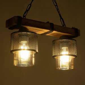GLORA 201-0008 Vintage Κρεμαστό Φωτιστικό Ράγα Δίφωτο 2 x E27 IP20 Μπεζ Ξύλο με Μαύρο Μέταλλο & Μελί Γυαλί – Μ38 x Π12 x Υ21cm