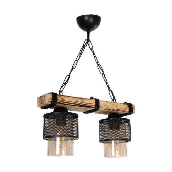 GLORA 201-0008 Vintage Κρεμαστό Φωτιστικό Ράγα Δίφωτο 2 x E27 IP20 Μπεζ Ξύλο με Μαύρο Μέταλλο & Μελί Γυαλί - Μ38 x Π12 x Υ21cm - Image 3