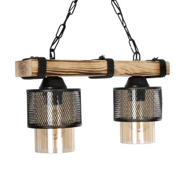 GLORA 201-0008 Vintage Κρεμαστό Φωτιστικό Ράγα Δίφωτο 2 x E27 IP20 Μπεζ Ξύλο με Μαύρο Μέταλλο & Μελί Γυαλί - Μ38 x Π12 x Υ21cm - Image 4
