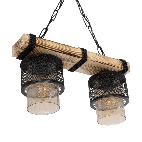 GLORA 201-0008 Vintage Κρεμαστό Φωτιστικό Ράγα Δίφωτο 2 x E27 IP20 Μπεζ Ξύλο με Μαύρο Μέταλλο & Μελί Γυαλί - Μ38 x Π12 x Υ21cm - Image 5