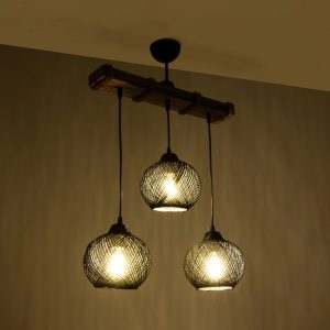 LUMA 201-0010 Vintage Κρεμαστό Φωτιστικό Ράγα Τρίφωτο 3 x E27 IP20 Μπεζ Ξύλο με Μαύρο Σχοινί – Μ55 x Π18 x Υ65cm