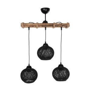 LUMA 201-0010 Vintage Κρεμαστό Φωτιστικό Ράγα Τρίφωτο 3 x E27 IP20 Μπεζ Ξύλο με Μαύρο Σχοινί – Μ55 x Π18 x Υ65cm