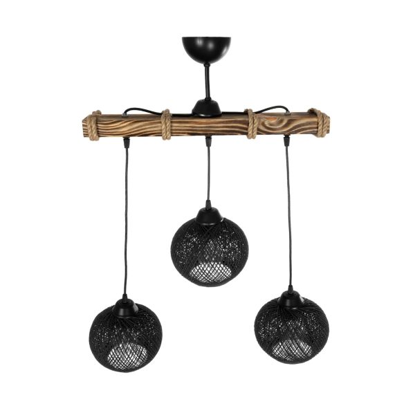 LUMA 201-0010 Vintage Κρεμαστό Φωτιστικό Ράγα Τρίφωτο 3 x E27 IP20 Μπεζ Ξύλο με Μαύρο Σχοινί - Μ55 x Π18 x Υ65cm - Image 4
