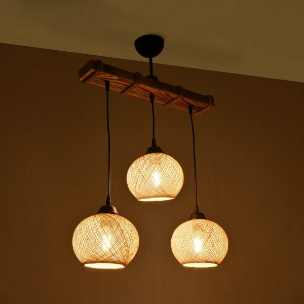 LUMA 201-0011 Vintage Κρεμαστό Φωτιστικό Ράγα Τρίφωτο 3 x E27 IP20 Μπεζ Ξύλο με Μπεζ Σχοινί - Μ55 x Π18 x Υ65cm