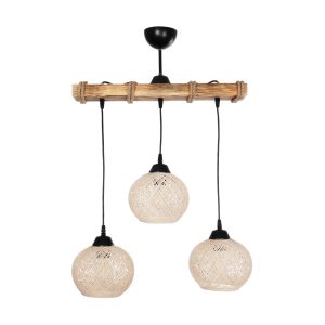 LUMA 201-0011 Vintage Κρεμαστό Φωτιστικό Ράγα Τρίφωτο 3 x E27 IP20 Μπεζ Ξύλο με Μπεζ Σχοινί – Μ55 x Π18 x Υ65cm