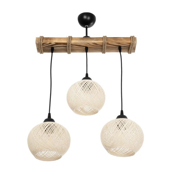 LUMA 201-0011 Vintage Κρεμαστό Φωτιστικό Ράγα Τρίφωτο 3 x E27 IP20 Μπεζ Ξύλο με Μπεζ Σχοινί - Μ55 x Π18 x Υ65cm - Image 3
