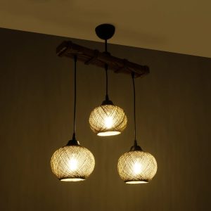 LUMA 201-0012 Vintage Κρεμαστό Φωτιστικό Ράγα Τρίφωτο 3 x E27 IP20 Μπεζ Ξύλο με Καφέ Σχοινί – Μ55 x Π18 x Υ65cm