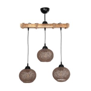 LUMA 201-0012 Vintage Κρεμαστό Φωτιστικό Ράγα Τρίφωτο 3 x E27 IP20 Μπεζ Ξύλο με Καφέ Σχοινί – Μ55 x Π18 x Υ65cm
