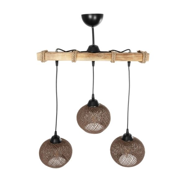 LUMA 201-0012 Vintage Κρεμαστό Φωτιστικό Ράγα Τρίφωτο 3 x E27 IP20 Μπεζ Ξύλο με Καφέ Σχοινί - Μ55 x Π18 x Υ65cm - Image 3